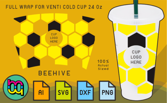 24oz Venti Cold Cup Fullwrap Beehive: Graphics & Print Templates