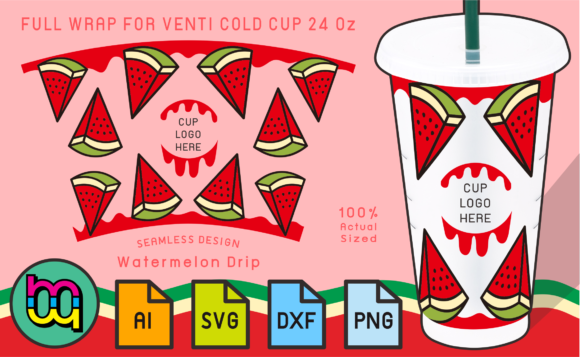 24oz Venti Cold Cup Fullwrap Watermelon: Graphics & Print Templates